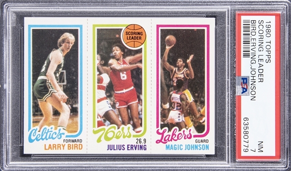 1980 Topps "Scoring Leader" Larry Bird/Magic Johnson Rookie Card - PSA NM 7